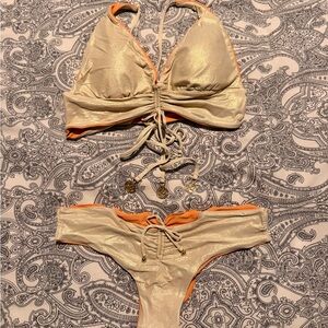 Luli Fama reversible Gold and Orange Bikini Set